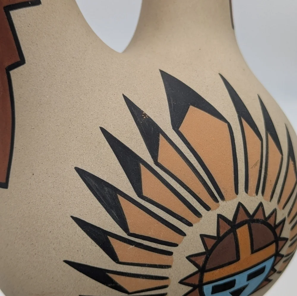 Native American stoneware ceramic wedding vase brown tan blue